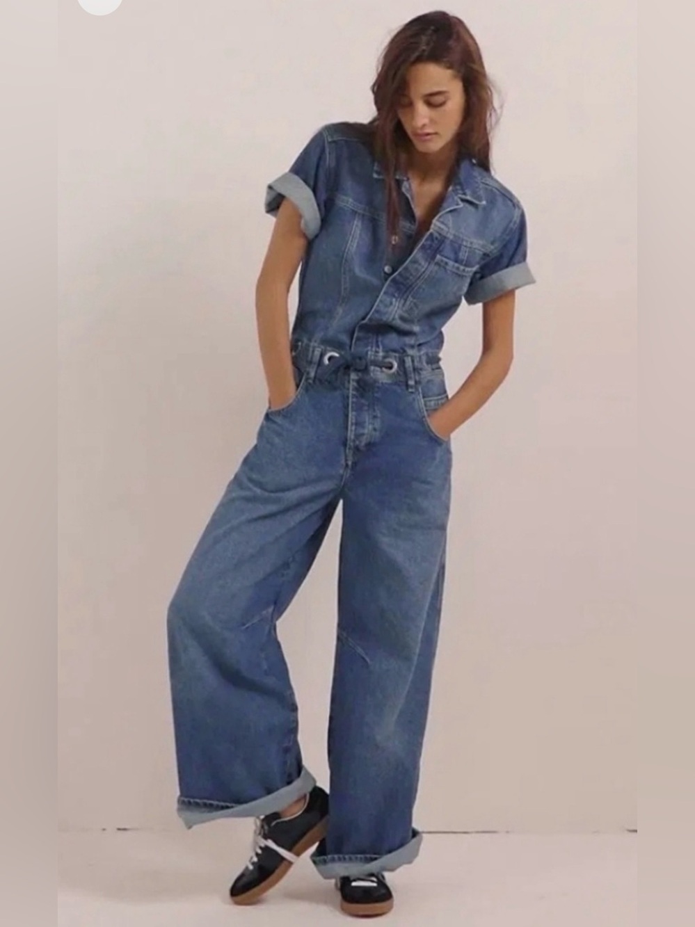 Free People We The Free Edison Wide Leg Coverall Boho Cape Blue Jumpsuit M NWOT